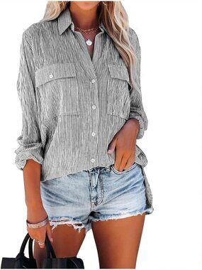 🆕Women's Black Long Sleeve Button Down V Neck Casual Imported Blouses Shirts